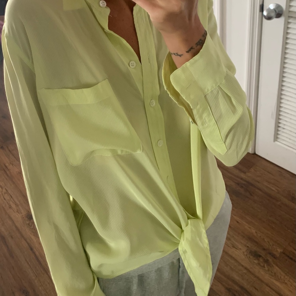 Equipment XS Lime Green & White Striped Top